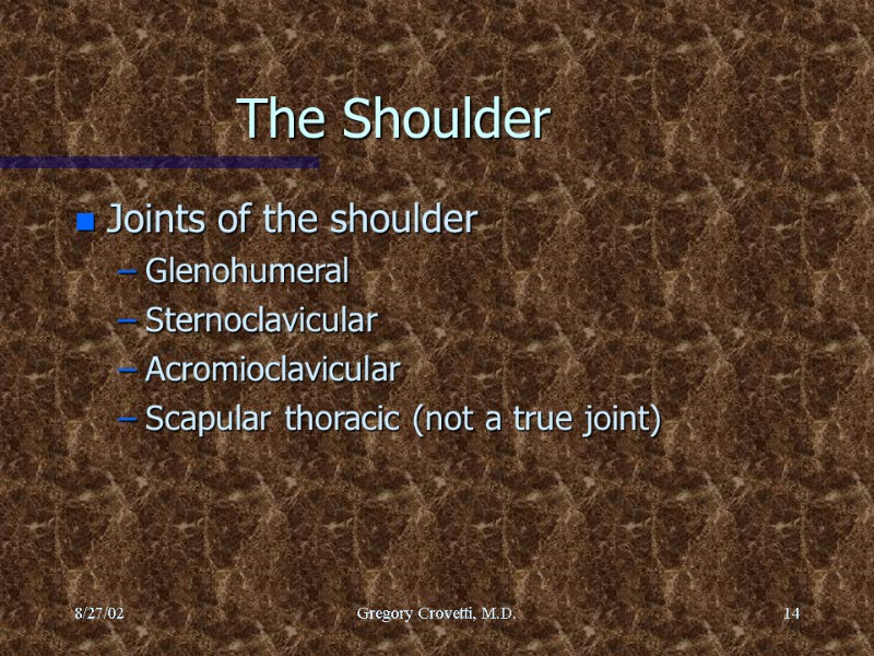 8/27/02 Gregory Crovetti, M.D. 14 The Shoulder Joints of the shoulder Glenohumeral Sternoclavicular Acromioclavicular
